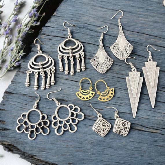 6 Pieces Bohemian Statement Chandelier Earrings - Silver Boho Chic Jewelry - 5530