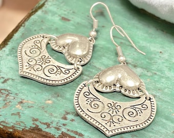 Bohemian Heart Dangle Earrings: Silver Tone Jewelry