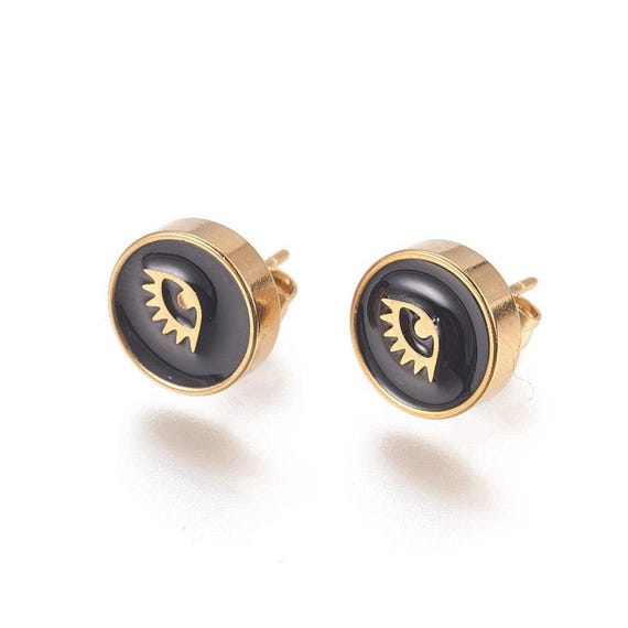Boho Eye Stud Earrings - Gold Stainless Steel with Black Enamel 5333