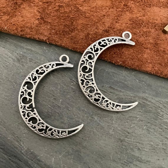 Crescent Moon Connector: Antique Silver Plated Pewter Tribal Earring Charms (2 Pieces) - 7036