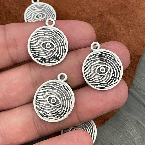Evil Eye Charms: Antique Silver Plated Pewter Circle Drops (6 Pieces)