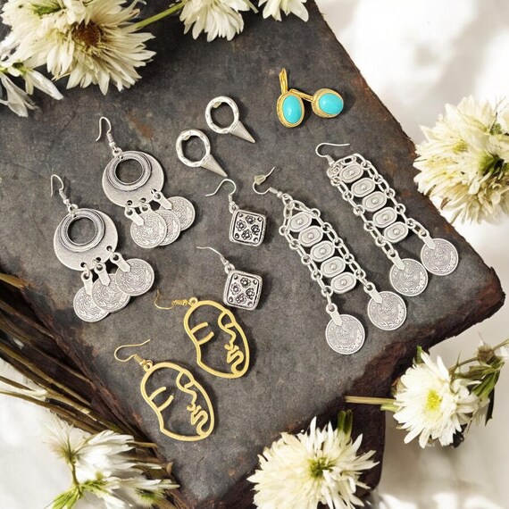 6 pieces Boho Chic Statement Earrings - Silver Tribal Dangle Earrings - 5393