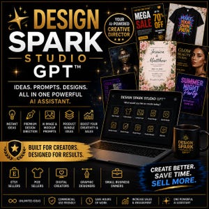 May include: A black laptop displaying the Design Spark Studio GPT interface, surrounded by promotional graphics for an AI-powered creative assistant. A black mug with the Design Spark Studio GPT logo sits to the right, all set against a dark background.