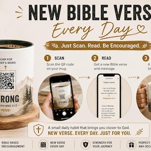 Puede incluir: Taza blanca con asa y borde negros, con un diseño de montaña y árboles con la palabra "STRONG" y un código QR. El texto dice "NEW BIBLE VERSE Every Day" y "Just Scan. Read. Be Encouraged."