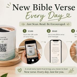 Puede incluir: Taza de café blanca con el texto "Scan for Today's Word" y un código QR, con un diseño de acuarela. La imagen también muestra un teléfono inteligente escaneando la taza y mostrando un versículo bíblico. El texto dice "New Bible Verse Every Day."