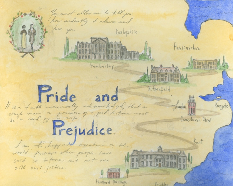 Map of Pride and Prejudice. Art Print. 8x10 inches. Jane Austen art. image 1