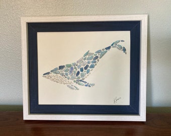 Was 350, now 262! Sea Glass Whale Original Watercolor. 8x10 Framed.