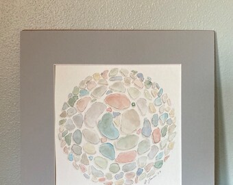 Was 225 now 175! Sea Glass Circle. Original Watercolor. Matted. 7x7 inches.