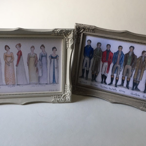 Jane Austen's heroines and her leading men. Two 5x7 art prints.