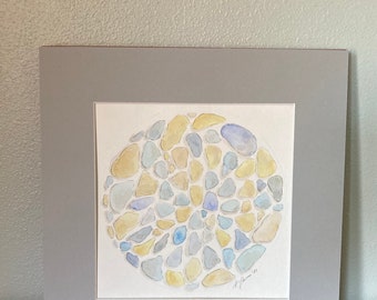 Was 225 now 175! Sea Glass Circle. Original Watercolor. Matted. 7x7 inches.