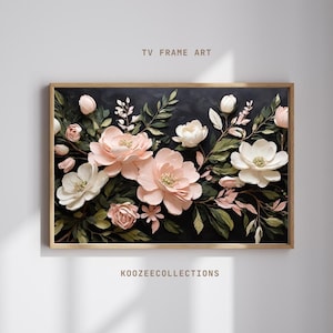 Textured Brush Stroke Floral Wall Tv Art - Soft Pink & White Flowers with Dark Green Leaves - Organic Botanical Print on Dark Background