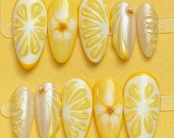 Press-on nails "Lemon" | Fruit / Summer | Fruit nail / Blue / Yellow / Chrome / Pearl | Reusable false nails | Almond | Lime | 3D fruits