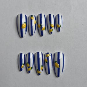 Uñas postizas "Limón" | Frutas / Verano | Uñas de frutas / Azul / Amarillo / Verde / Blanco | Uñas postizas reutilizables | Almendra | Línea | Frutas