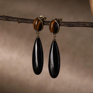 May include: A pair of dangle earrings featuring a tiger's eye stone at the top and a long, black teardrop-shaped stone hanging below. The earrings are suspended from a thin, brown branch against a neutral background.