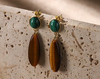 Orecchini pendenti in argento sterling 925 con malachite e occhio di tigre, gioielli vintage boho con chiusura a farfalla per donna