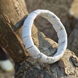 May include: A white and gray stone bracelet composed of rectangular beads. The bracelet is displayed on a tree branch, showcasing its natural color variations and textures. The bracelet's design is simple and elegant.