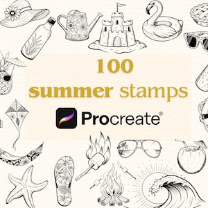 100+ Summer Procreate Stamp Brush Set: Beach  and Tropical Doodles (Commercial Use Included)