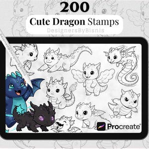 May include: A digital illustration on a tablet featuring 200 cute dragon stamps. The tablet displays various dragon designs in black and white, with a few colored examples. The text "Cute Dragon Stamps" is at the top.
