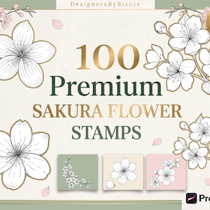 May include: A digital collection of 100 premium sakura flower stamps for Procreate. The graphic features black and white line art illustrations of cherry blossoms, individual petals, and floral branches on a cream background with text.