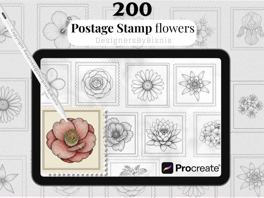 Floral Postage Stamp Stamps for Procreate – 200 Vintage Flower Line Art ...