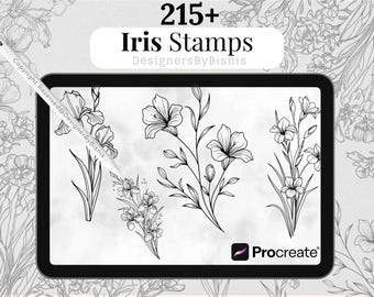 Mais de 215 carimbos de flores de íris: pincéis de arte de linha botânica Procreate (arquivos ABR)
