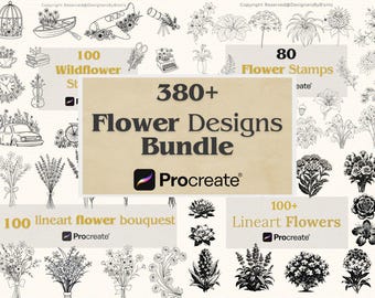 May include: A digital illustration bundle of 380+ flower designs for Procreate. The bundle includes 100 wildflower stamps, 80 flower stamps, and 100 lineart flower bouquets. The illustrations are black and white.