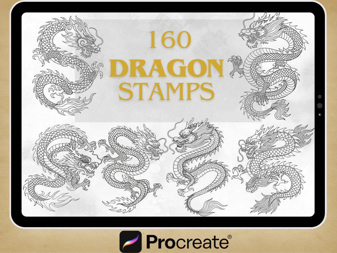 160+ Procreate Dragon Stamps | Chinese & Japanese Dragon Brushes | Mythical Creature Stamp Set for Fantasy Art & Line Art