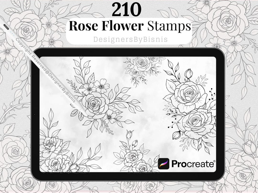 210+ Rose Flower Procreate Stamps: Botanical Line Art (digital Download ...