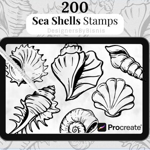 May include: A digital illustration of a tablet showing 6 black and white seashell stamps. The tablet is surrounded by a background of seashell outlines. The text "200 Sea Shells Stamps" is at the top. A stylus is on the left.