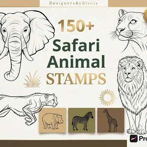 May include: A digital collection of 150+ Safari Animal STAMPS featuring black and white line art illustrations of an elephant, lion, cheetah, hippo, zebra, and giraffe. Includes gold text, a sun icon, and a Procreate logo on a neutral background.