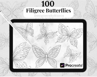 Filigraan penselen voor voortplanten vlinder: 100+ lijntekeningenstempels (commercieel gebruik, digitale download)