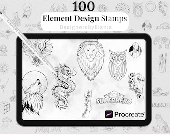 May include: A digital art design showcasing 100 element design stamps. The image displays various black and white illustrations, including a lion, owl, dragon, and wolf. The text "100 Element Design Stamps" and "DesignersByBisnis" are visible.