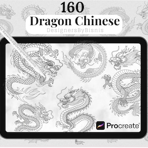 Könnte beinhalten: Digitales Kunstdesign mit 160 chinesischen Drachenillustrationen in Schwarzweiß. Die Designs werden auf einem Tablet mit einem Stift angezeigt und zeigen verschiedene Drachenposen und -stile. Das Procreate-Logo ist sichtbar.