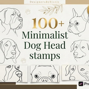 Könnte beinhalten: Eine digitale Sammlung von 100+ Hunde-Kopf-Stempeln mit schwarzen Strichzeichnungen verschiedener Hunderassen. Der Text lautet 100+ Minimalist Dog Head stamps, DesignersByBisnis und Procreate. Enthält Pfotenabdruck- und Blattmotive als Akzente.