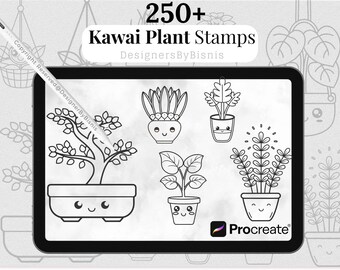 May include: A digital illustration on a tablet featuring various Kawaii plant stamps. The image includes a bonsai tree, succulents, and other potted plants, all with smiling faces. The text reads "250+ Kawaii Plant Stamps" and "DesignersByBisnis."