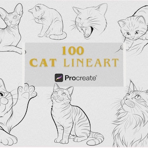 Puede incluir: Ilustraciones de gatos en blanco y negro. La imagen incluye varias poses de gatos, como un gato esfinge, un gato acicalándose, un gato con la boca abierta y un gatito juguetón. Se muestra el texto "100 CAT LINEART".