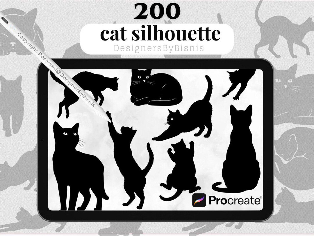 Cat Silhouette Stamps for Procreate – 200 Feline Shadow Line Art ...