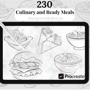 May include: Black and white line art illustration of various culinary and ready meals, including a burger, ice cream sundae, and burrito. The image includes the text "230 Culinary and Ready Meals" and the Procreate logo.