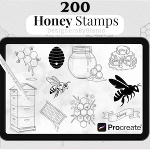Könnte beinhalten: Ein digitales Kunstset mit 200 Honigstempeln, die auf einem Tablet angezeigt werden. Die Schwarz-Weiß-Illustrationen umfassen Honigwaben, Bienen, einen Bienenstock, ein Glas Honig und das Procreate-Logo.