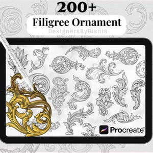 May include: A digital illustration on a tablet featuring over 200 filigree ornaments. The ornaments are in black and white, with one gold-colored example. The tablet displays the Procreate app logo and the text "Filigree Ornament" and "DesignersByBisnis".