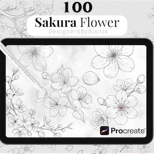 May include: Digital illustration of 100 Sakura Flower designs on a tablet screen. The image includes various detailed line drawings of cherry blossoms, with the Procreate logo visible. The text "Sakura Flower" is displayed.