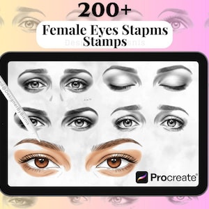 Könnte beinhalten: Ein digitales Tablet zeigt Augenstempel mit dem Text "200+ Female Eyes Stamps". Ein Stift wird in der Nähe des Tablets gehalten. Das Procreate-Logo ist sichtbar. Der Hintergrund ist ein Farbverlauf aus Gelb, Rosa und Lila.