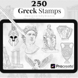 Peut inclure: Illustration numérique de 250 tampons grecs, comprenant des statues, des casques, des vases et des éléments architecturaux. Les tampons sont affichés sur un écran de tablette, avec le logo Procreate. Le texte "Greek Stamps" est en haut.
