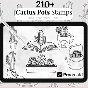 Pode incluir: Ilustração digital de várias plantas de cactos em vasos, sapatos e regadores. A imagem inclui o texto "210+ Cactus Pots Stamps" e o logotipo Procreate.
