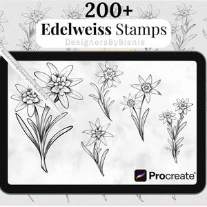 Puede incluir: Ilustración digital de sellos de flores de edelweiss en la pantalla de una tableta. La tableta es negra y el fondo es gris claro con un patrón floral. El texto "200+ Edelweiss Stamps" está en la parte superior.