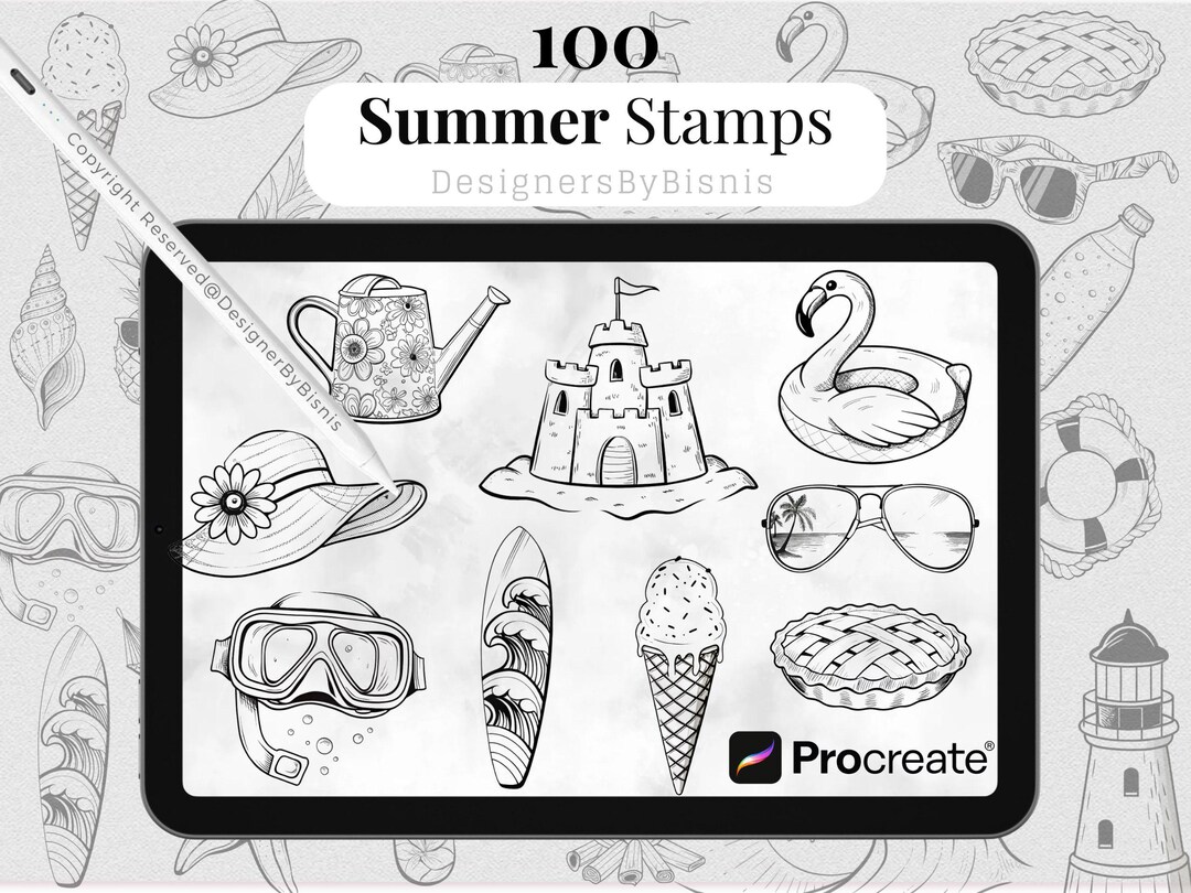 100+ Summer Procreate Stamp Brush Set: Beach and Tropical Doodles ...