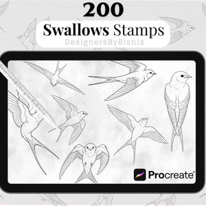 May include: A digital art design featuring 200 swallow stamps. The image shows a tablet displaying various line drawings of swallows in different poses. The text "200 Swallows Stamps" is at the top, with the Procreate logo at the bottom.