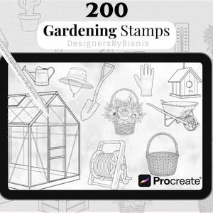 May include: Digital illustration of gardening tools, including a greenhouse, watering can, shovel, gloves, birdhouse, and baskets. The image is displayed on a tablet with the text "200 Gardening Stamps" at the top.