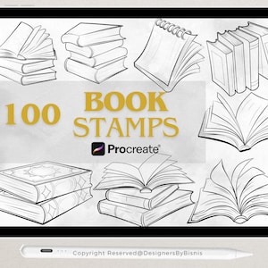 May include: A digital illustration of 100 book stamps for Procreate. The image shows various styles of books, including open books, closed books, and stacks of books. The text "100 BOOK STAMPS" is displayed in a gold colour.