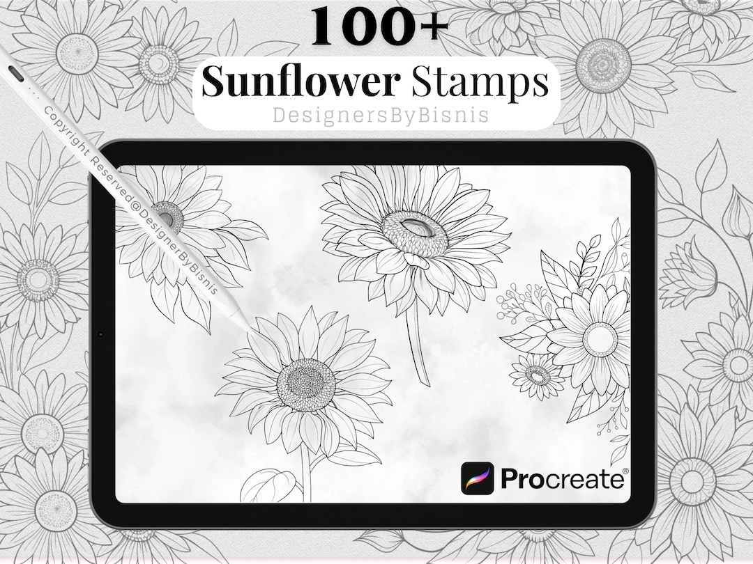 100+ Sunflower Procreate Brush Set: 100+ Hand-drawn Floral Stamps ...